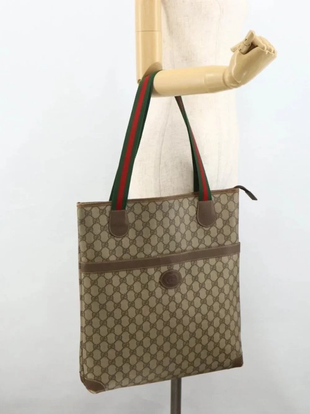 GUCCI GG Supreme Web Sherry Line Tote Bag PVC Beige Red Green Auth